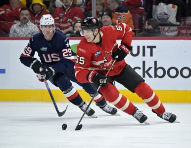 Feb 15, 2025; Montreal, Quebec, CAN; [Imagn Images direct customers only] Team Canada defenseman Colton Parayko (55) plays the puck and Team United States forward Brock Nelson (29) defends in the third period during a 4 Nations Face-Off ice hockey game at the Bell Centre.