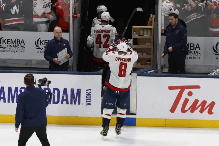 Apr 14, 2026; Columbus, Ohio, USA; Washington Capitals left wing Alex Ovechkin (8) salutes the fans as he leaves the ice after the game against the Columbus Blue Jackets at Nationwide Arena.