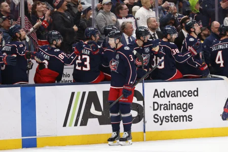 Mar 29, 2026; Columbus, Ohio, USA; Columbus Blue Jackets center Charlie Coyle (3) celebrates his goal against the Boston Bruins during the first period at Nationwide Arena.