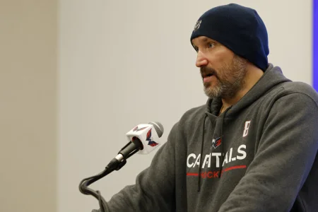 Apr 12, 2026; Washington, District of Columbia, USA; Washington Capitals left wing Alex Ovechkin speaks with the media after the Capitals game against the Pittsburgh Penguins at Capital One Arena.