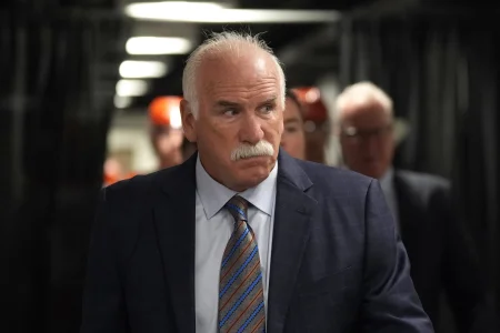 Oct 11, 2025; San Jose, California, USA; Anaheim Ducks head coach Joel Quenneville before the game against the San Jose Sharks at SAP Center at San Jose.