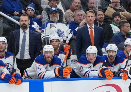 Dec 13, 2025; Toronto, Ontario, CAN; Edmonton Oilers head coach Kris Knoblauch watches the play against the Toronto Maple Leafs during the third period at Scotiabank Arena.