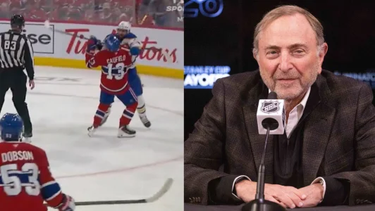 23 avril 2026; Ottawa (Ontario, Canada); Le commissaire de la LNH, Gary Bettman, sadresse aux médias avant le troisième match de la première ronde des séries éliminatoires de la Coupe Stanley 2026, opposant les Hurricanes de la Caroline aux Sénateurs dOttawa, au Centre Canadian Tire. + Coup sur Cole Caufield, du Canadien de Montréal.