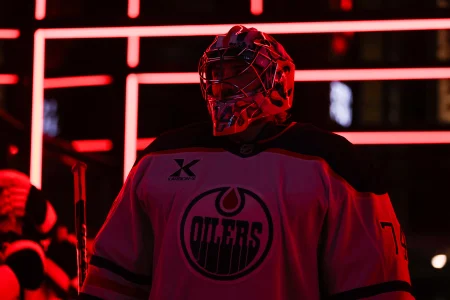 Nov 29, 2025; Seattle, Washington, USA; Edmonton Oilers goalie Stuart Skinner (74) enters Climate Pledge Arena before the game against the Seattle Kraken.