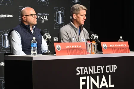 Jun 3, 2025; Edmonton, Alberta, CAN; Edmonton Oilers general manager Stan Bowman along with Oilers head coach Kris Knoblauch are seen during media day in advance of the 2025 Stanley Cup Final at Rogers Place.