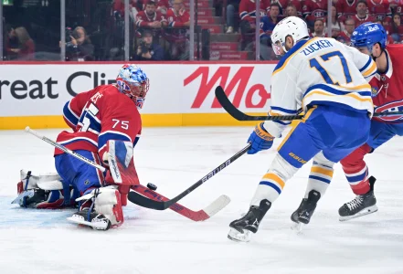 May 12, 2026; Montreal, Quebec, CAN; Montreal Canadiens goalie Jakub Dobes (75) stops Buffalo Sabres forward Jason Zucker (17) during the second period in game four of the second round of the 2026 Stanley Cup Playoffs at Bell Centre.