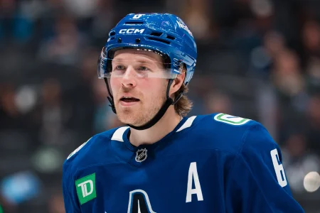 Apr 14, 2026; Vancouver, British Columbia, CAN; Vancouver Canucks forward Brock Boeser (6) during a stop in play against the Los Angeles Kings in the third period at Rogers Arena.