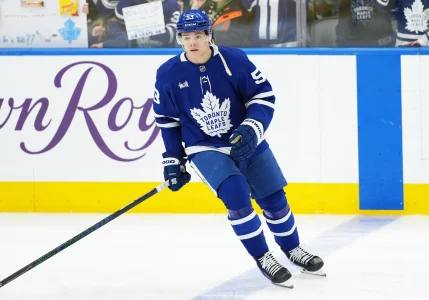 Dec 30, 2025; Toronto, Ontario, CAN; Toronto Maple Leafs right wing Easton Cowan (53) skates during the warmup before a game against the New Jersey Devils at Scotiabank Arena.