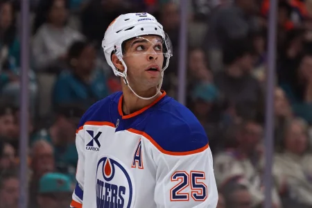 Apr 8, 2026; San Jose, California, USA; Edmonton Oilers defenseman Darnell Nurse (25) looks up at the scoreboard during a break in the action against the San Jose Sharks during the second period at SAP Center at San Jose.