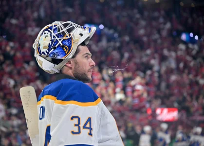 May 10, 2026; Montreal, Quebec, CAN; Buffalo Sabres goalie Alex Lyon (34) spits during the third period against the Montreal Canadiens in game three of the second round of the 2026 Stanley Cup Playoffs at the Bell Centre.