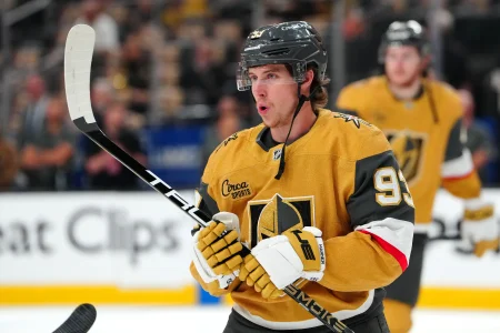 May 12, 2026; Las Vegas, Nevada, USA; Vegas Golden Knights right wing Mitch Marner (93) warms up before the start of game five against the Anaheim Ducks in the second round of the 2026 Stanley Cup Playoffs at T-Mobile Arena.