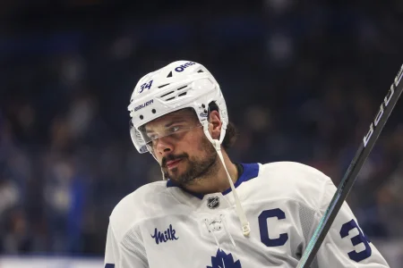 Feb 25, 2026; Tampa, Florida, USA; Toronto Maple Leafs forward Auston Matthews (34) during warm ups before the game against the Tampa Bay Lightning at Benchmark International Arena.