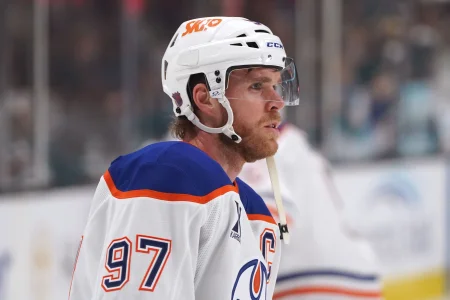 Apr 8, 2026; San Jose, California, USA; Edmonton Oilers center Connor McDavid (97) warms up before the game against the San Jose Sharks at SAP Center at San Jose.