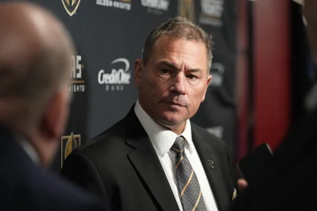 Nov 20, 2024; Toronto, Ontario, CAN; Vegas Golden Knights head coach Bruce Cassidy during a post game media conference after a loss to the Toronto Maple Leafs at Scotiabank Arena.: