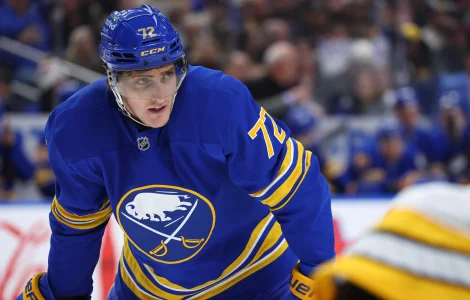 Mar 25, 2026; Buffalo, New York, USA; Buffalo Sabres center Tage Thompson (72) waits for the face-off during the second period against the Boston Bruins at KeyBank Center.