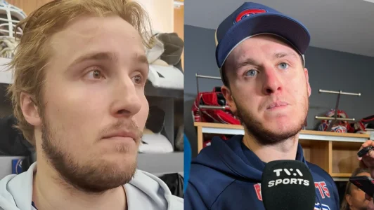 Le gardien des Sabres de Buffalo, Ukko-Pekka Luukkonen, en point de presse après le match, et le gardien du Canadien de Montréal, Jakub Dobes, dans le même contexte.