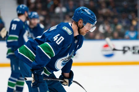 Apr 14, 2026; Vancouver, British Columbia, CAN; Vancouver Canucks forward Elias Pettersson (40) during a stop in play against the Los Angeles Kings in the third period at Rogers Arena.