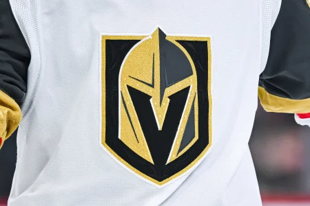 Nov 23, 2024; Montreal, Quebec, CAN; View of a Las Vegas Golden Knights logo on a jersey worn by a member of the team during the second period at Bell Centre.