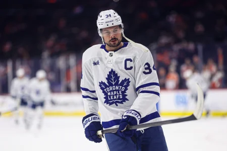 Jan 8, 2026; Philadelphia, Pennsylvania, USA; Toronto Maple Leafs center Auston Matthews (34) before action against the Philadelphia Flyers at Xfinity Mobile Arena.