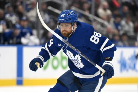 Mar 7, 2026; Toronto, Ontario, CAN; Toronto Maple Leafs forward William Nylander (88) pursues the play against the Tampa Bay Lightning in the first period at Scotiabank Arena.