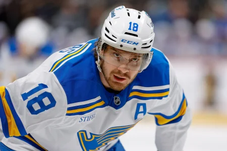Apr 5, 2026; Denver, Colorado, USA; St. Louis Blues center Robert Thomas (18) in the third period against the Colorado Avalanche at Ball Arena.