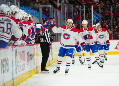 Mar 7, 2024; Raleigh, North Carolina, USA; Montreal Canadiens right wing Joshua Roy (89) celebrates his goal against the Carolina Hurricanes during the first period at PNC Arena.