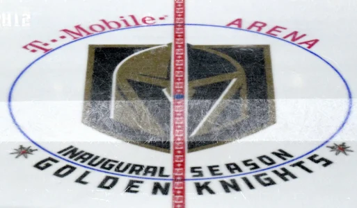 Jan 2, 2018; Las Vegas, NV, USA; General overall view of the Vegas Golden Knights logo at center ice uring an NHL Hockey game against the Nashville Predators at T-Mobile Arena.