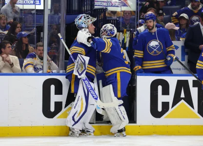 Apr 21, 2026; Buffalo, New York, USA; Buffalo Sabres goaltender Alex Lyon (34) comes into the game for goaltender Ukko-Pekka Luukkonen (1) during the third period against the Boston Bruins in game two of the first round of the 2026 Stanley Cup Playoffs at KeyBank Center.