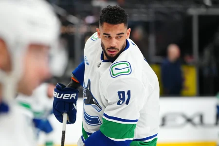 Mar 30, 2026; Las Vegas, Nevada, USA; Vancouver Canucks left wing Evander Kane (91) warms up before a game against the Vegas Golden Knights at T-Mobile Arena.