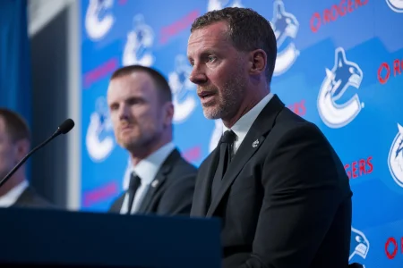May 14, 2026; Vancouver, BC, Canada; The Vancouver Canucks named Ryan Johnson their new general manger during a press conference at Rogers Arena.