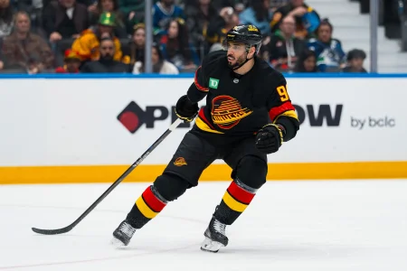 Mar 17, 2026; Vancouver, British Columbia, CAN; Vancouver Canucks forward Evander Kane (91) skates against the Florida Panthers in the second period at Rogers Arena.