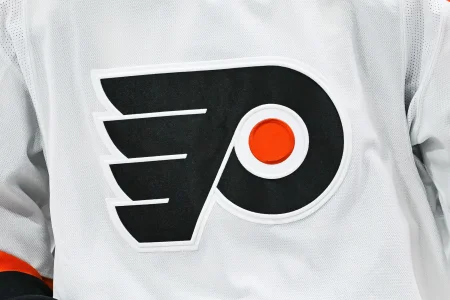 Mar 28, 2024; Montreal, Quebec, CAN; View of a Philadelphia Flyers logo on a jersey worn by a member of the team against the Montreal Canadiens during the second period at Bell Centre.