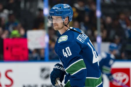 Apr 14, 2026; Vancouver, British Columbia, CAN; Vancouver Canucks forward Elias Pettersson (40) skates in warm up prior to a game against the Los Angeles Kings at Rogers Arena.