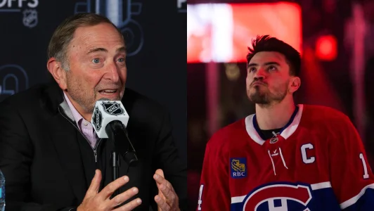 21 avril 2026 ; Buffalo, État de New York, États-Unis ; Gary Bettman, commissaire de la LNH, sadresse aux médias avant le deuxième match du premier tour des séries éliminatoires de la Coupe Stanley 2026, opposant les Sabres de Buffalo aux Bruins de Boston, au KeyBank Center. - 9 avril 2026; Montréal, Québec, Canada; Nick Suzuki (14), attaquant des Canadiens de Montréal, pendant lhymne national avant le match contre le Lightning de Tampa Bay au Centre Bell.
