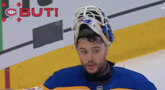 Le gardien des Sabres de Buffalo, Alex Lyon, après avoir accordé le troisième but au Canadien de Montréal en direct du Centre Bell.