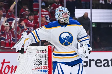 May 16, 2026; Montreal, Quebec, CAN; Buffalo Sabres goalie Ukko-Pekka Luukkonen (1) enters the game against the Montreal Canadiens during the first period in game six of the second round of the 2026 Stanley Cup Playoffs at Bell Centre.