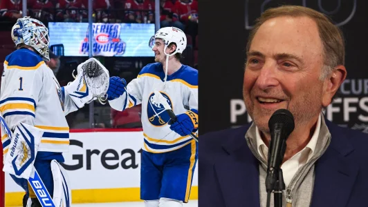 16 mai 2026 ; Montréal, Québec, Canada ; le gardien des Sabres de Buffalo, Ukko-Pekka Luukkonen (1), et le centre Ryan McLeod (71) célèbrent la victoire contre les Canadiens de Montréal après le sixième match de la deuxième ronde des séries éliminatoires de la Coupe Stanley 2026 au Centre Bell. - 20 avril 2026 ; Pittsburgh, Pennsylvanie, États-Unis ; le commissaire de la Ligue nationale de hockey, Gary Bettman, tient une conférence de presse.