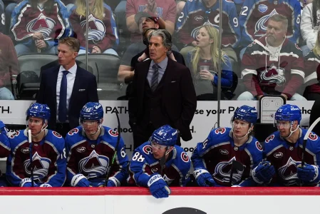 Apr 19, 2026; Denver, Colorado, USA; Colorado Avalanche head coach Jared Bednar during the third period against the Los Angeles Kings in game one of the first round of the 2026 Stanley Cup Playoffs at Ball Arena.