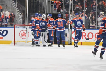 Mar 15, 2026; Edmonton, Alberta, CAN; Edmonton Oilers center Jason Dickinson (16), Edmonton Oilers goalie Connor Ingram (39) and Oilers defenseman Evan Bouchard (2) celebrate the win over the Nashville Predators during the third period at Rogers Place.