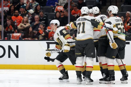 May 14, 2026; Anaheim, California, USA; Vegas Golden Knights right wing Mitch Marner (93) celebrates with teammates after scoring a goal during the first period in game six of the second round of the 2026 Stanley Cup Playoffs at Honda Center.