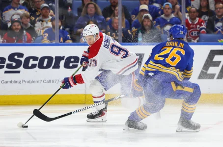 May 14, 2026; Buffalo, New York, USA; Montréal Canadiens right wing Ivan Demidov (93) controls the puck as Buffalo Sabres defenseman Rasmus Dahlin (26) defends during the third period in game five of the second round of the 2026 Stanley Cup Playoffs at KeyBank Center.