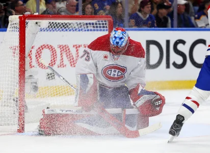 May 14, 2026; Buffalo, New York, USA; Montréal Canadiens goaltender Jakub Dobes (75) makes a save during the second period against the Buffalo Sabres in game five of the second round of the 2026 Stanley Cup Playoffs at KeyBank Center.