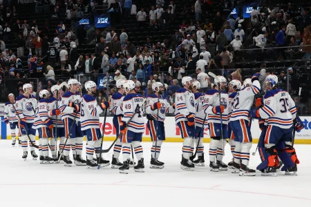 Mar 24, 2026; Salt Lake City, Utah, USA; The Edmonton Oilers celebrate a win over the Utah Mammoth after the game at Delta Center.