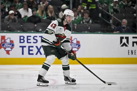Apr 28, 2026; Dallas, Texas, USA; Minnesota Wild defenseman Quinn Hughes (43) skates against the Dallas Stars in game five of the first round of the 2026 Stanley Cup Playoffs at American Airlines Center.