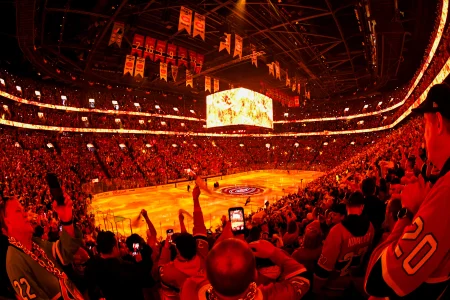 May 1, 2026; Montreal, Quebec, CAN; Montreal Canadiens fans react before the player introductions in game six of the first round against the Tampa Bay Lightning of the 2026 Stanley Cup Playoffs at the Bell Centre.