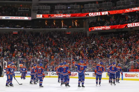 Apr 28, 2026; Edmonton, Alberta, CAN; The Edmonton Oilers celebrate a 4-1 win over the Anaheim Ducks in game five of the first round of the 2026 Stanley Cup Playoffs at Rogers Place.