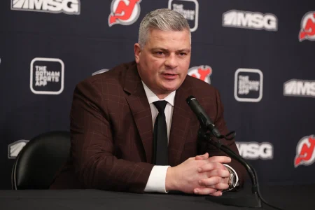 Feb 25, 2026; Newark, New Jersey, USA; New Jersey Devils head coach Sheldon Keefe speaks to media after the game against the Buffalo Sabres at Prudential Center.