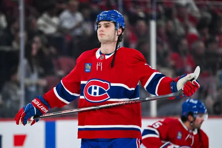 Mar 14, 2026; Montreal, Quebec, CAN; Montreal Canadiens left wing Juraj Slafkovsky (20) looks on during warm-up before the game against the San Jose Sharks at Bell Centre.
