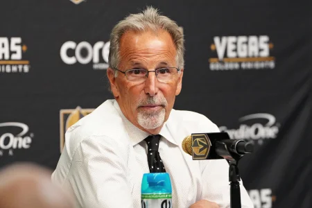 Mar 30, 2026; Las Vegas, Nevada, USA; Vegas Golden Knights head coach John Tortorella holds a presser after the Golden Knights defeated the Vancouver Canucks 4-2 at T-Mobile Arena.