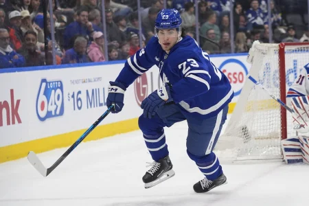 Mar 25, 2026; Toronto, Ontario, CAN; Toronto Maple Leafs forward Matthew Knies (23) skates against the New York Rangers during the first period at Scotiabank Arena.